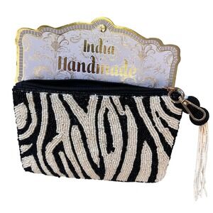 TikTok viral India Handmade Beaded Zebra Stripe Clutch Black Ivory Tassel NWT